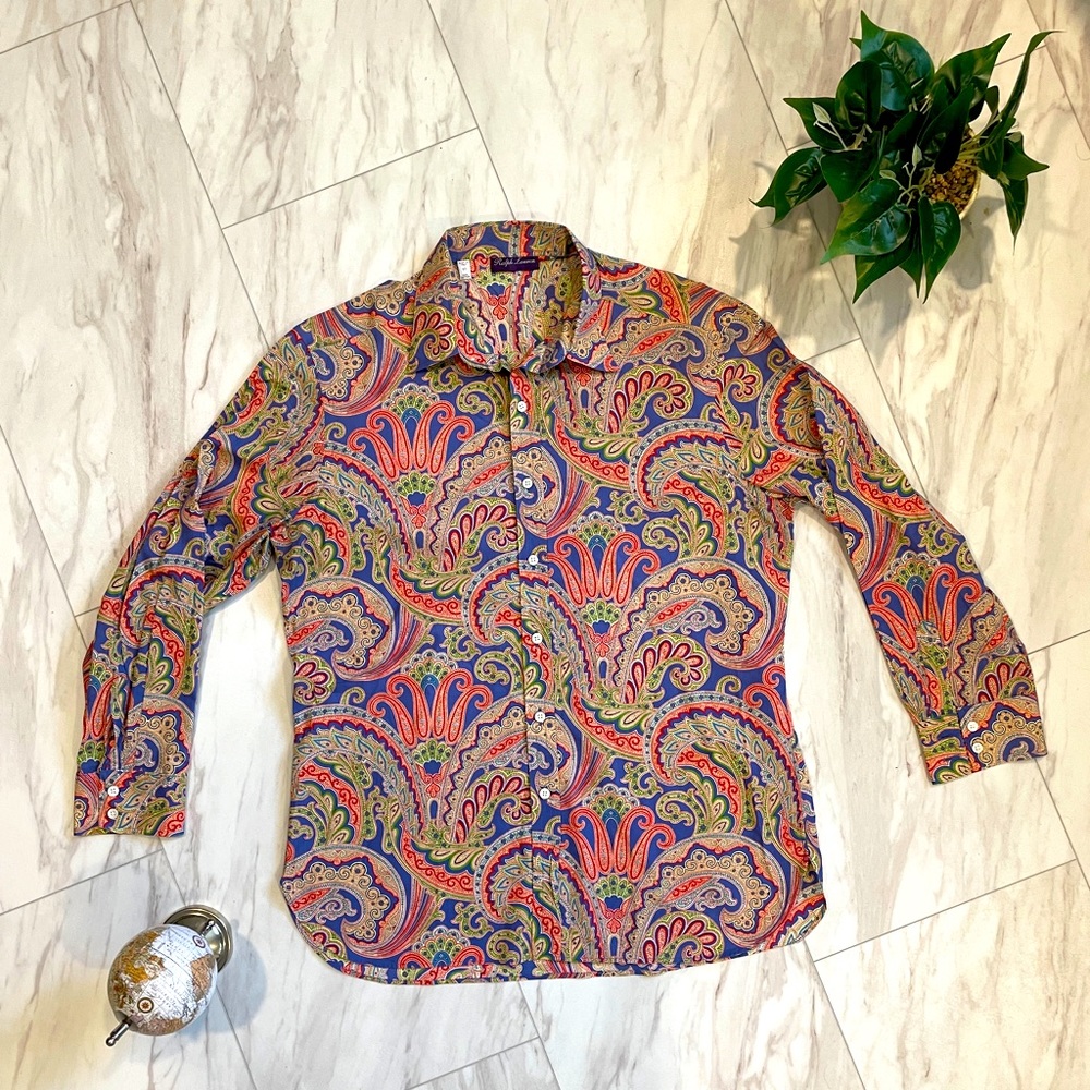 Ralph Lauren Purple Label Philip Paisley Button-Front Shirt Size Neck 17